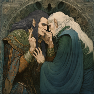 Midjourney - Ufedhin manipulating Tinwelint.png